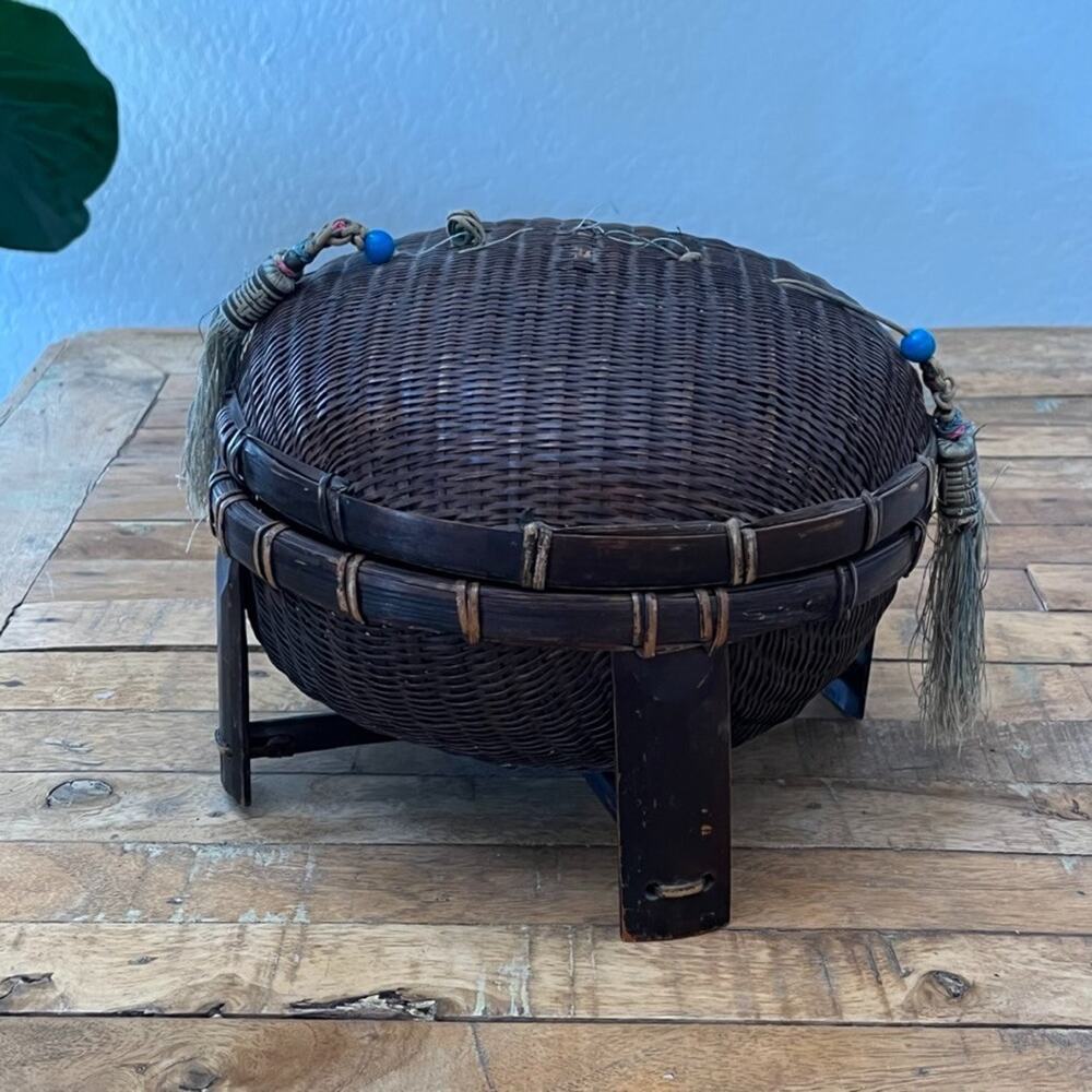 Antique Chinese Wicker Lidded Sewing Basket 7.5" Tassels Four Leg Stand